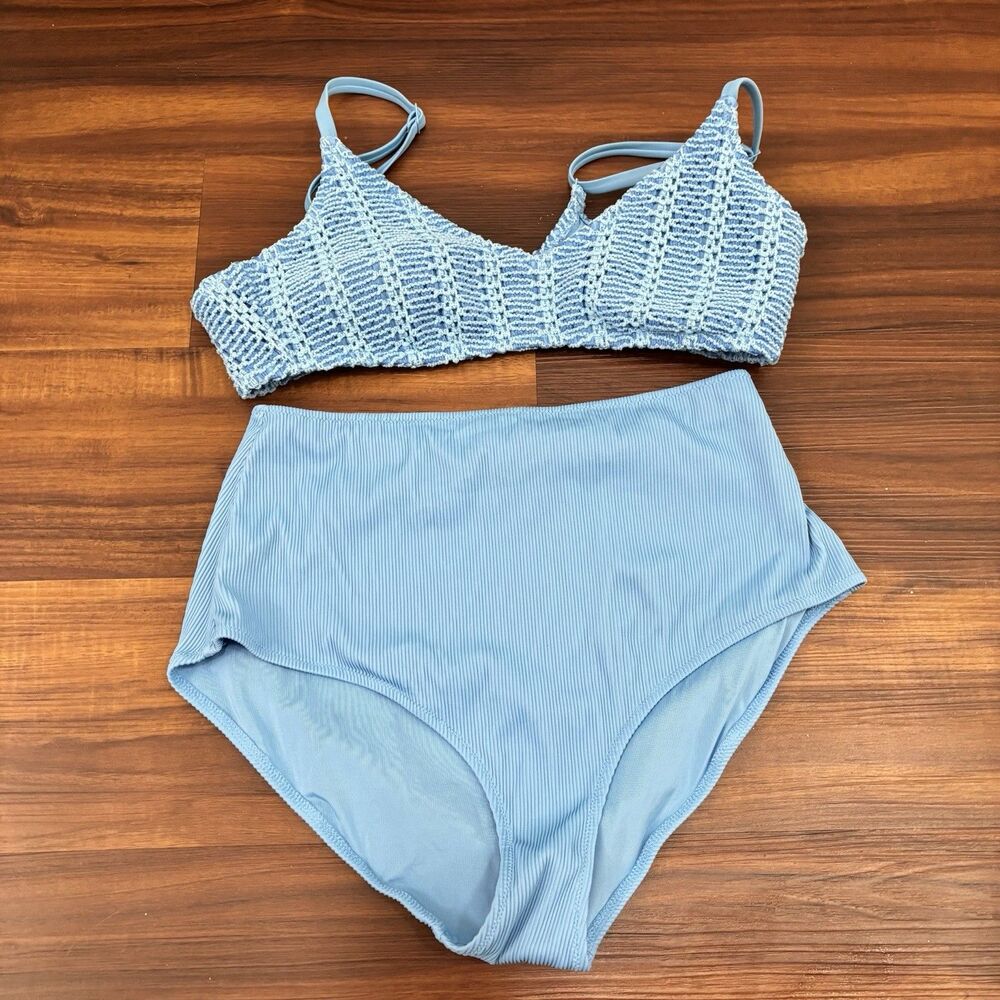Aerie Women’s Sz Large Two Piece Blue Bikini Set Crochet High Waisted